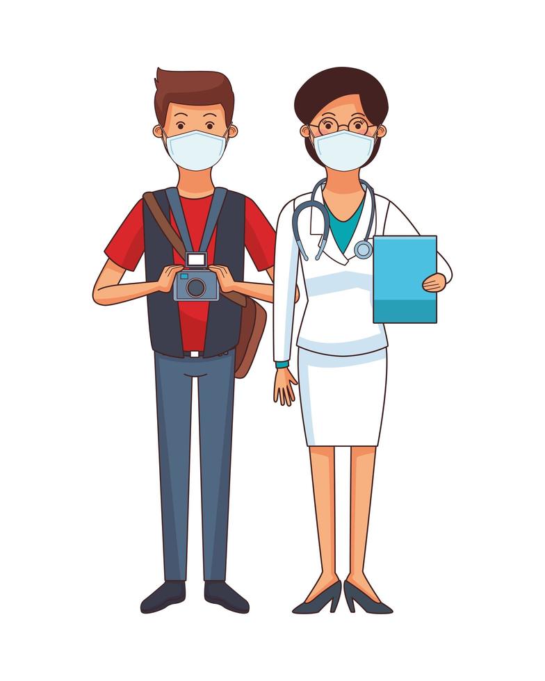 female doctor and photographer using face mask vector