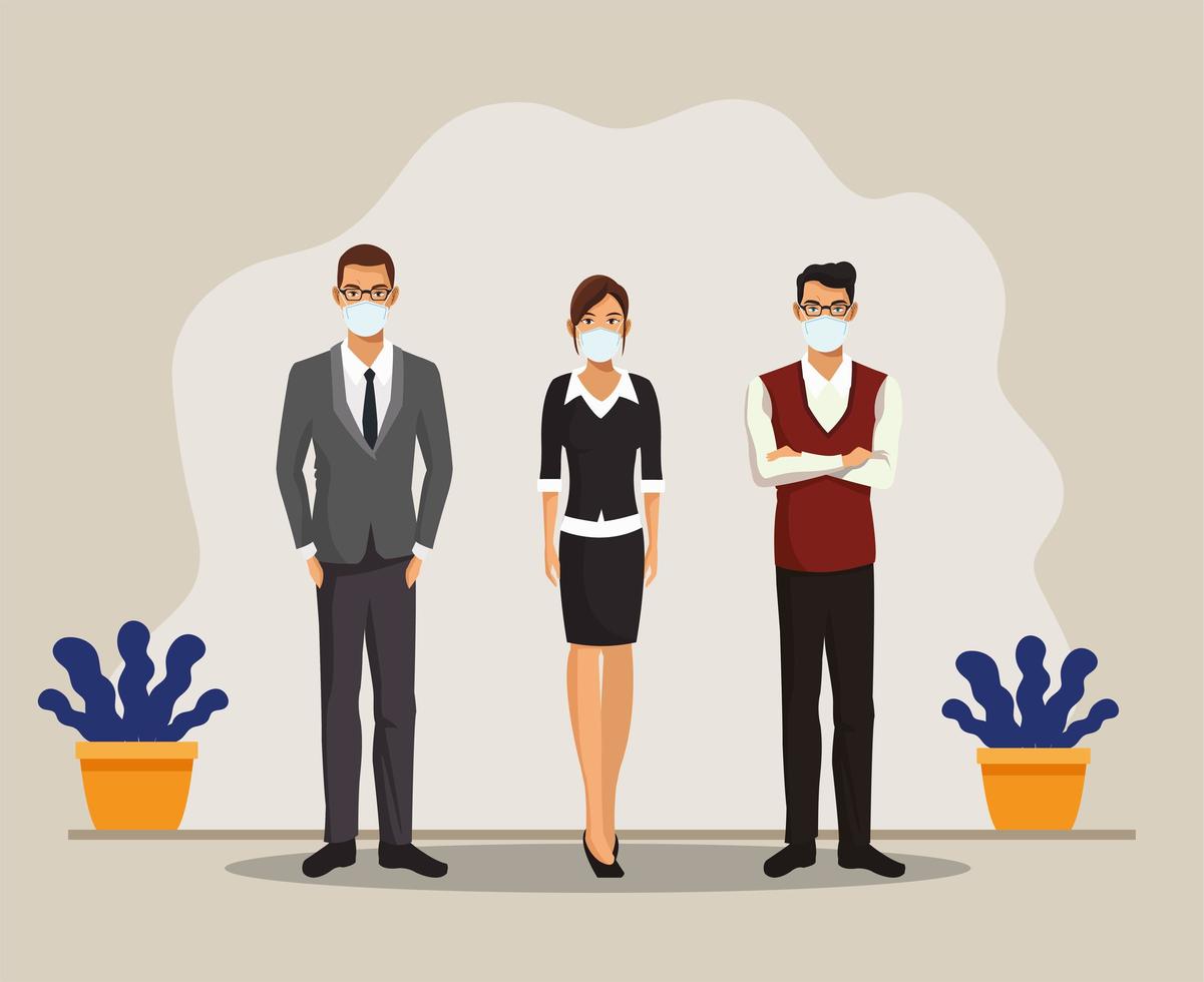 business people working and wearing medical masks vector