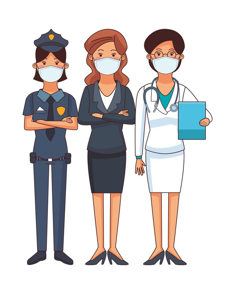 female doctor and police with businesswoman using face mask vector