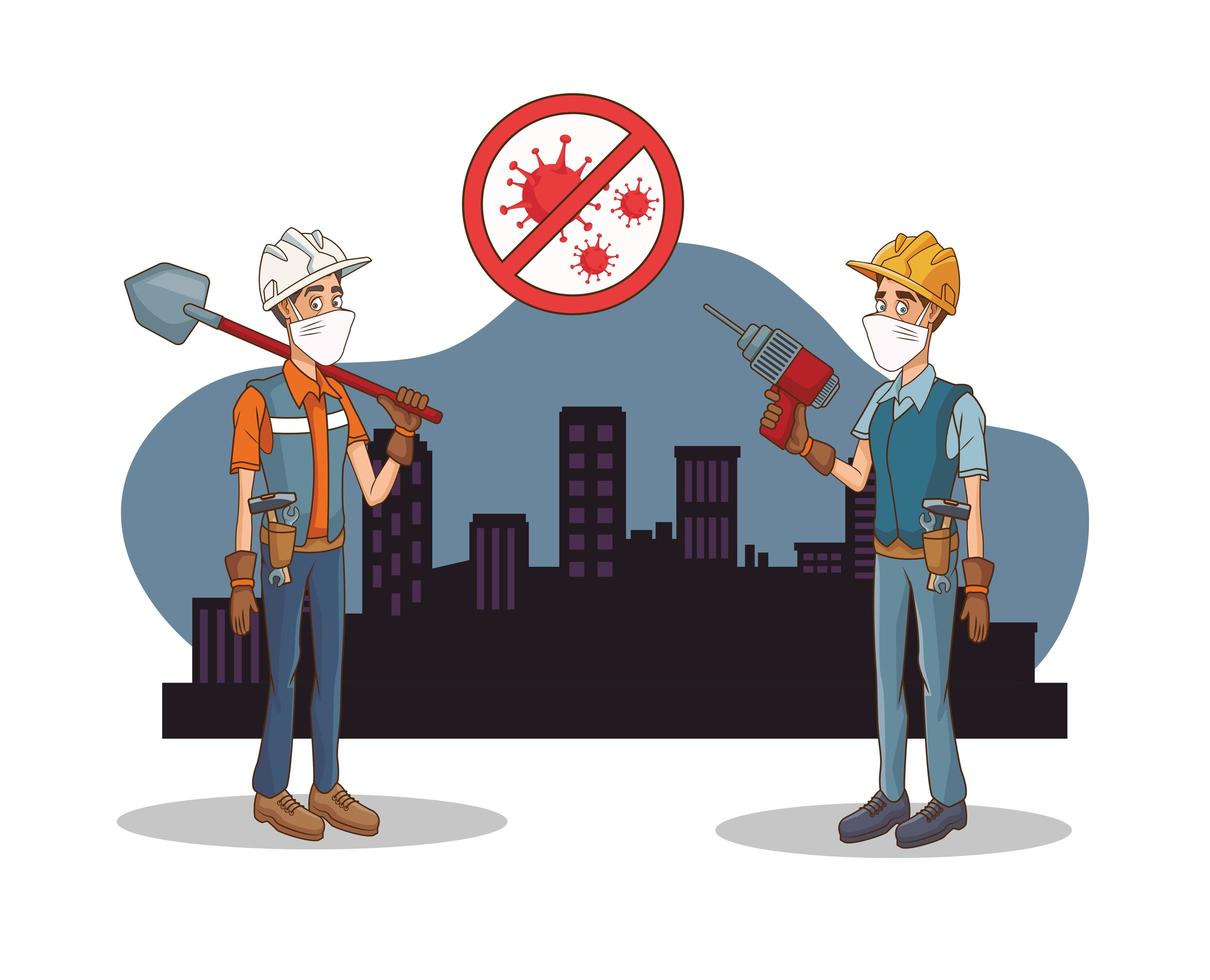 construction workers using face masks for covid19 vector