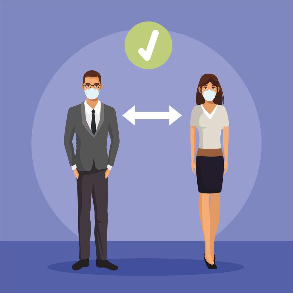 business couple working and wearing medical masks vector