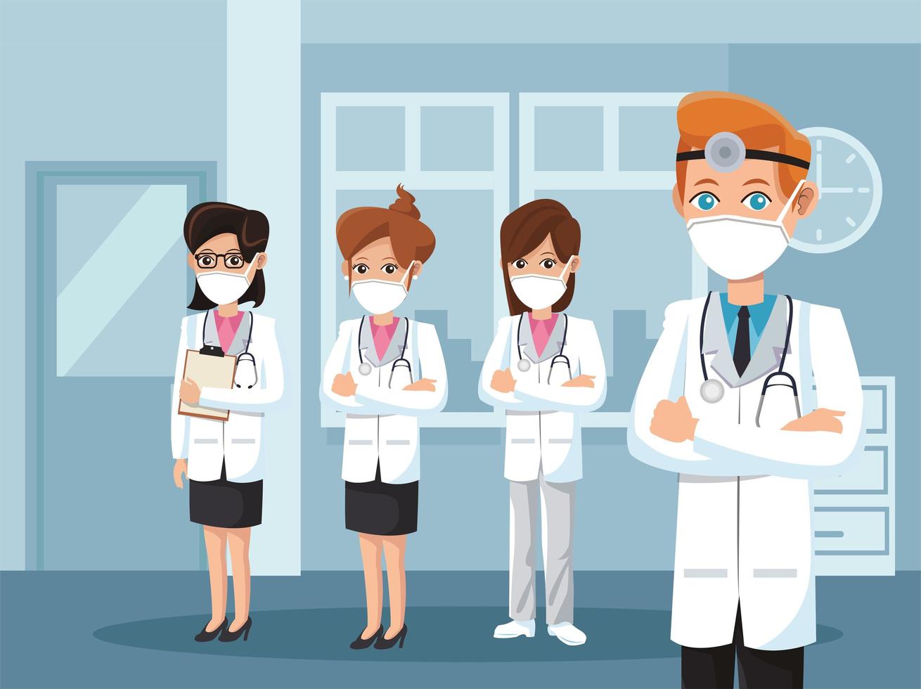 group of doctors wearing medical masks vector