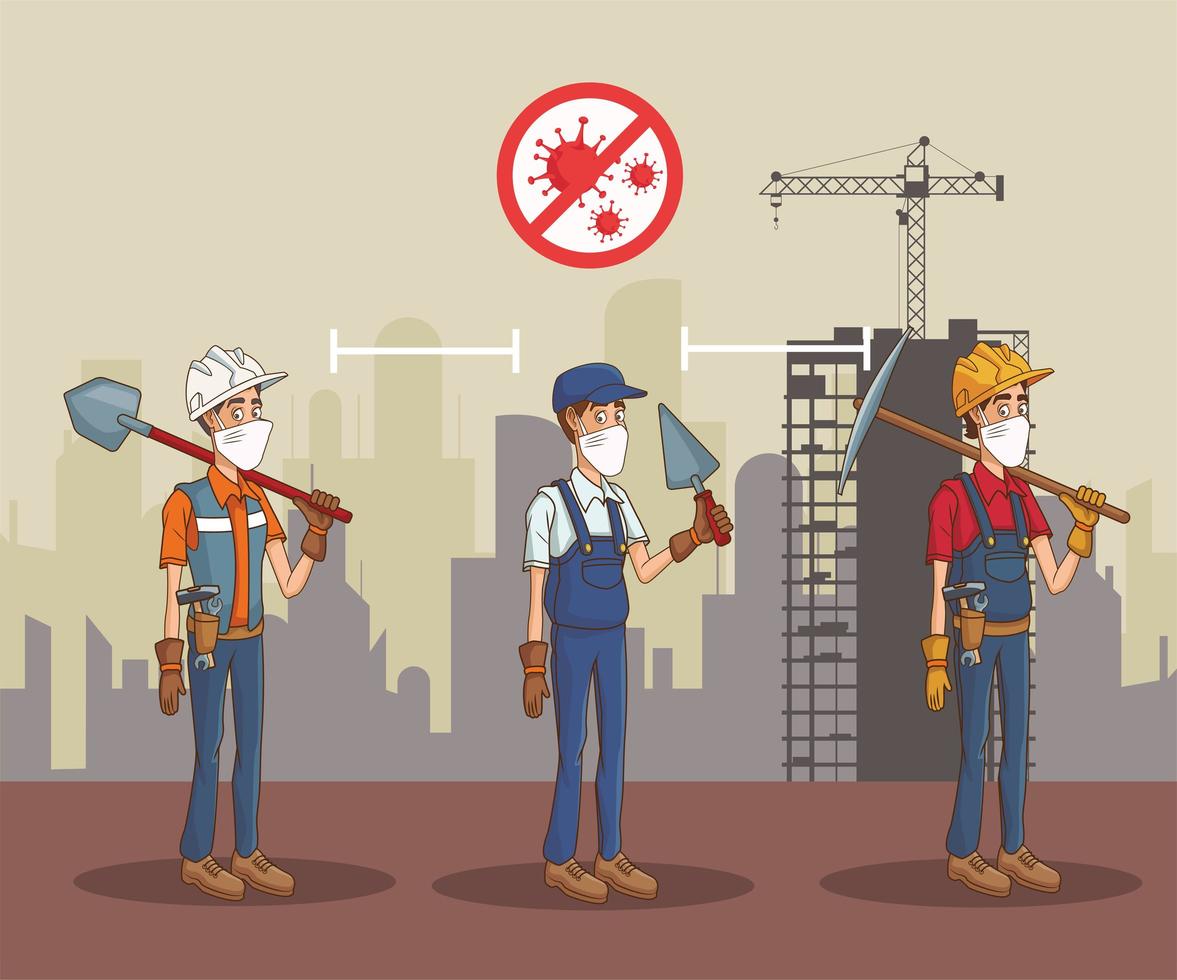 group of construction workers using face masks for covid19 vector