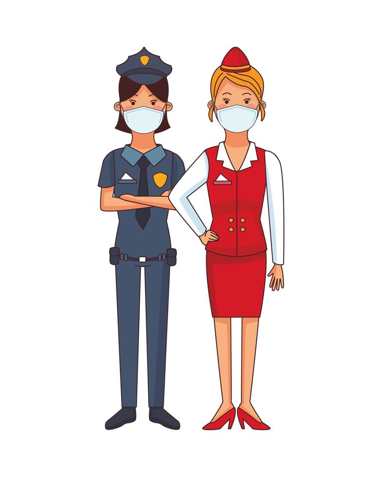 female police and stewardess using face masks vector