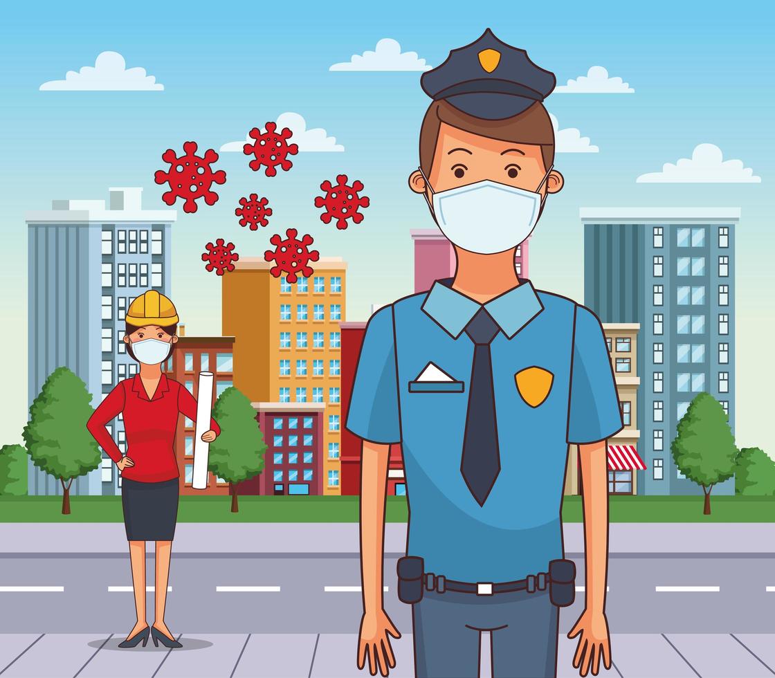 female architect and police using face masks vector