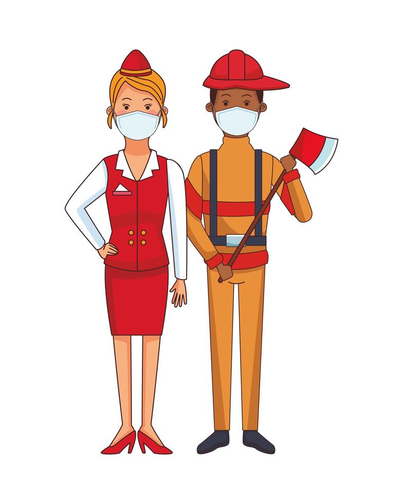 firefighter and stewardess using face masks vector
