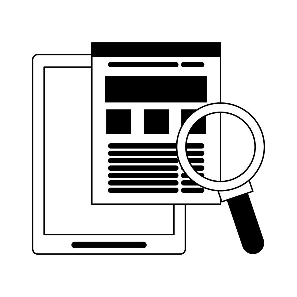 Tablet with website and magnifying glass in black and white vector