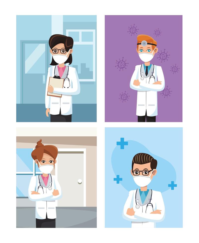 group of doctors wearing medical masks vector