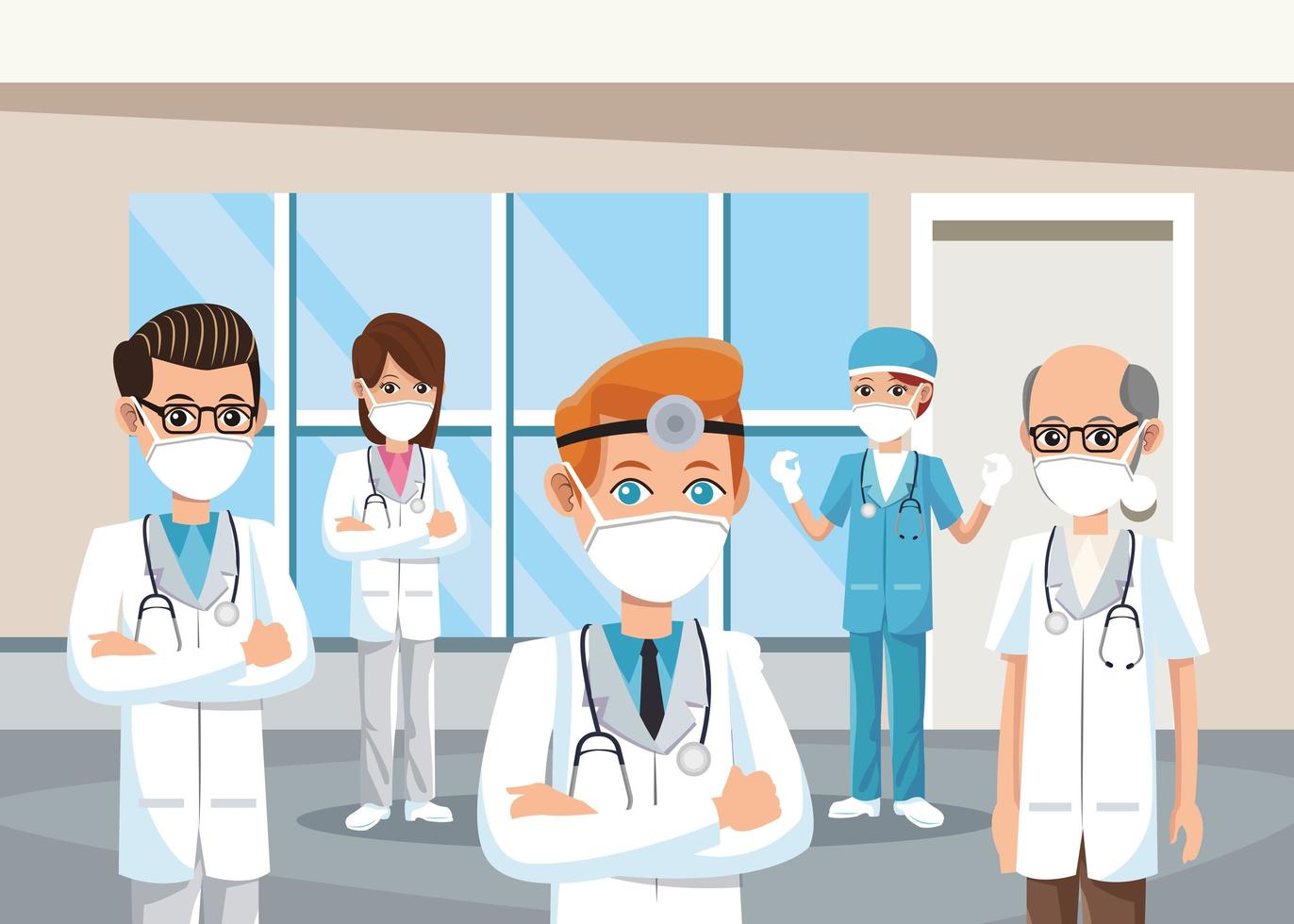 group of doctors wearing medical masks vector