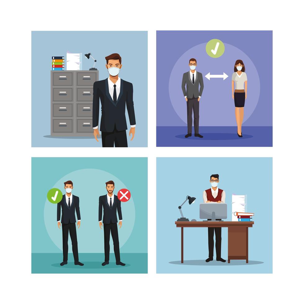 business people working and wearing medical masks vector