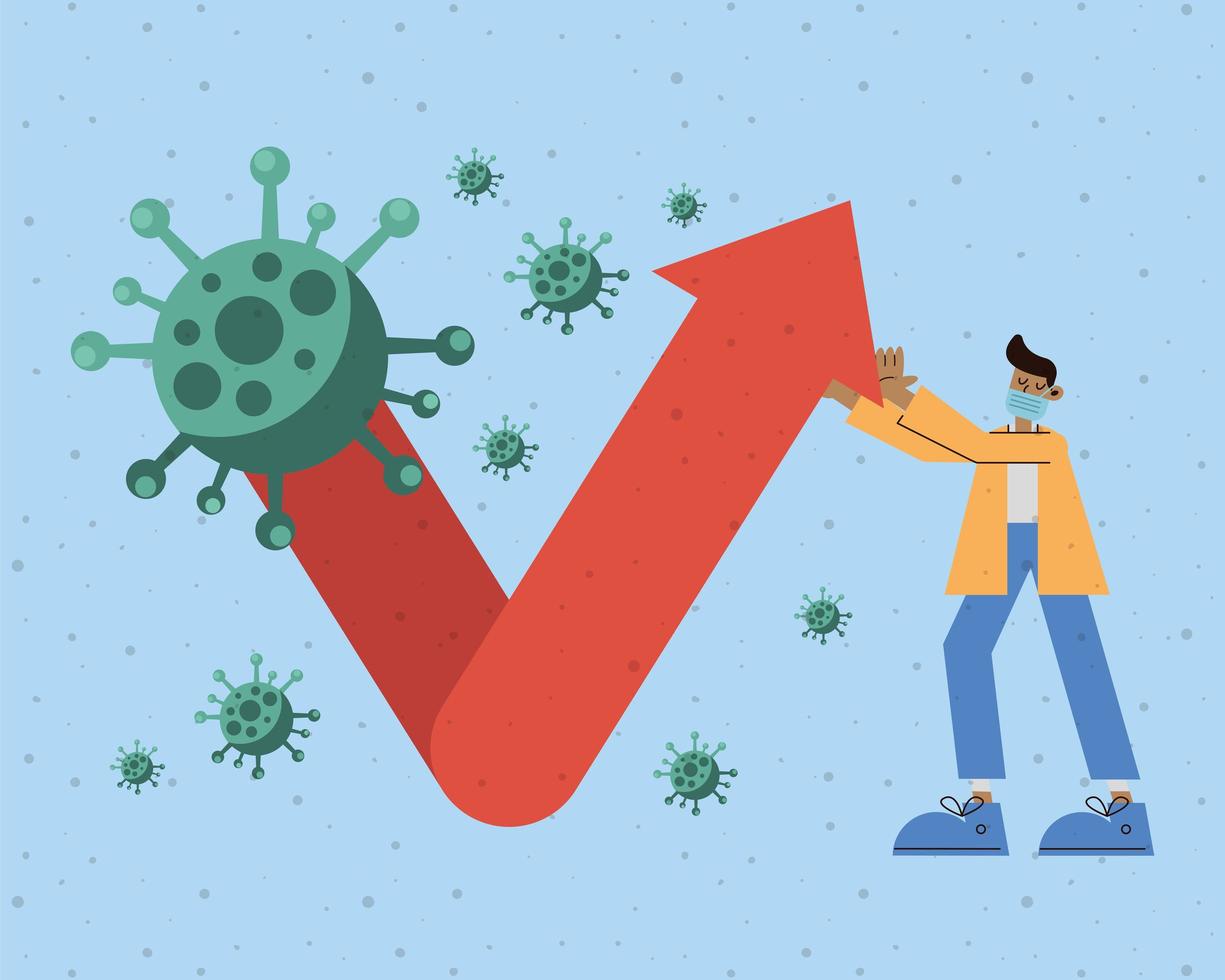 afro man wearing medical mask with statistics arrow and covid19 particles vector