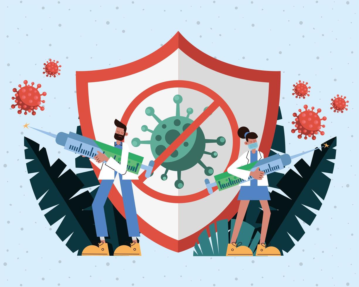 doctors wearing medical masks and lifting vaccines with shield vector