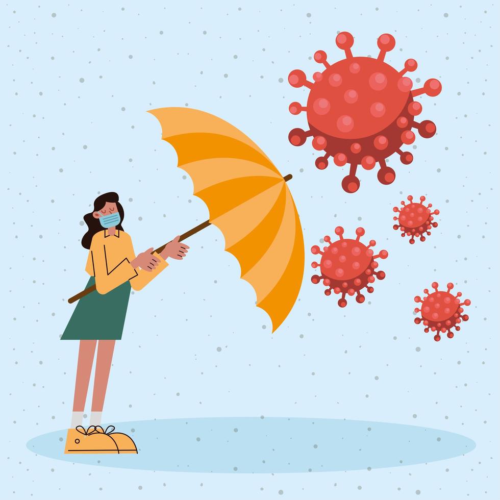 woman wearing medical mask with umbrella and covid19 particles vector