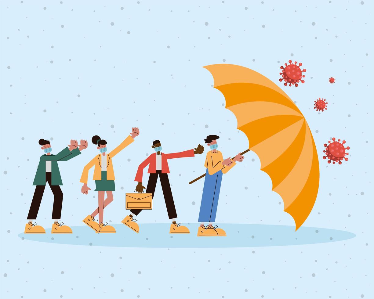 group of people wearing medical masks with umbrella vector