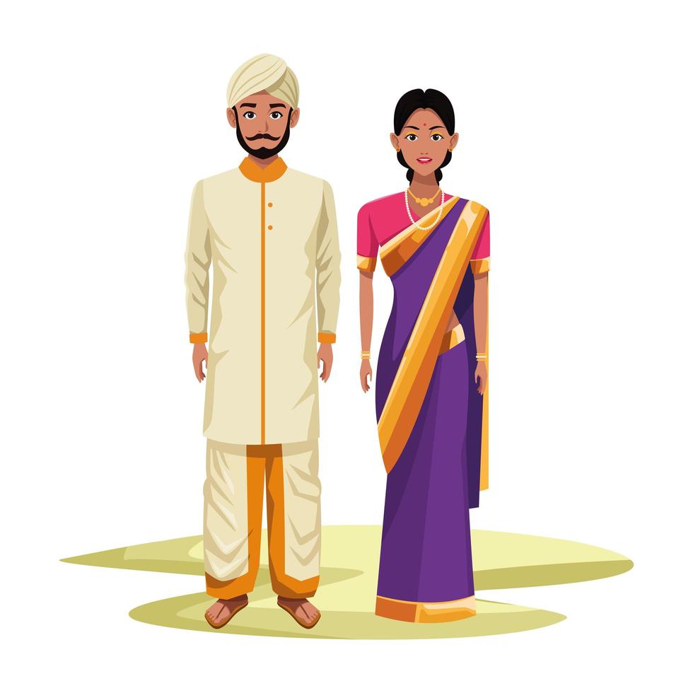 indian couple avatar cartoon character vector