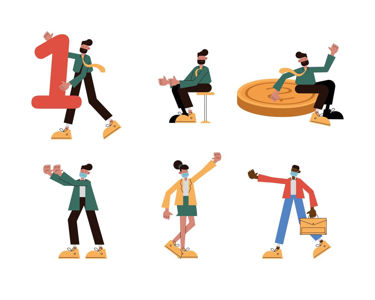 group of people wearing medical masks with coins vector
