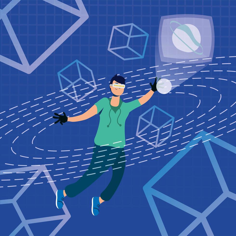 Young man using augmented reality on interactive display vector