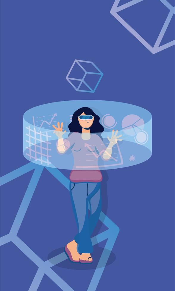 Woman using augmented reality on the interactive display vector