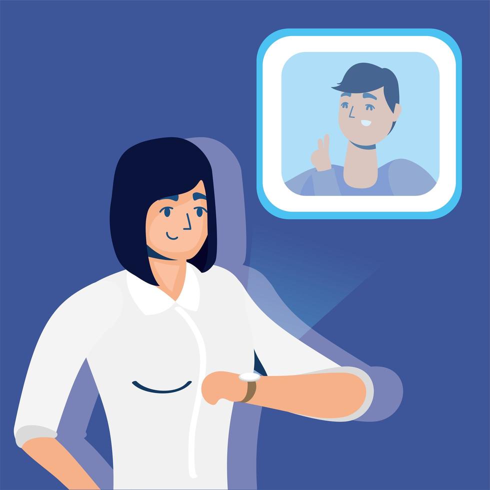 mujer usando realidad aumentada en el reloj inteligente vector