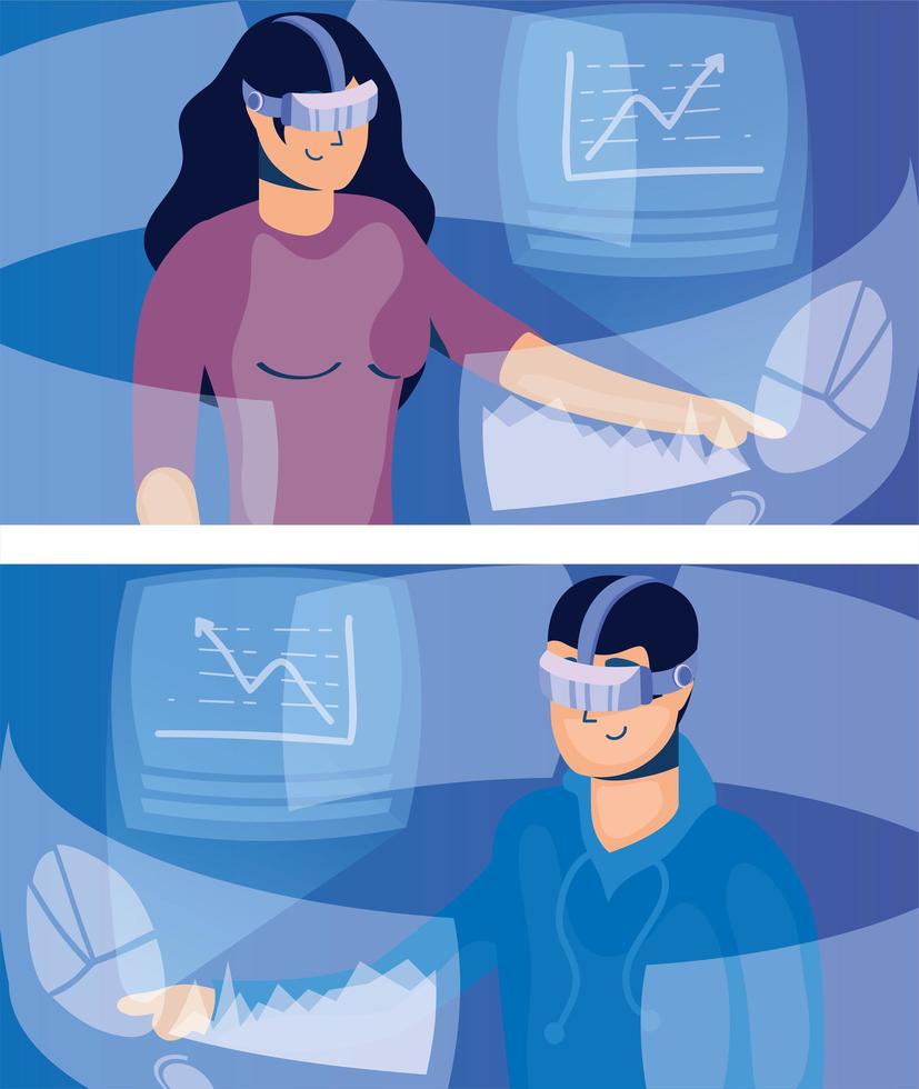 couple using augmented reality on interactive displays vector