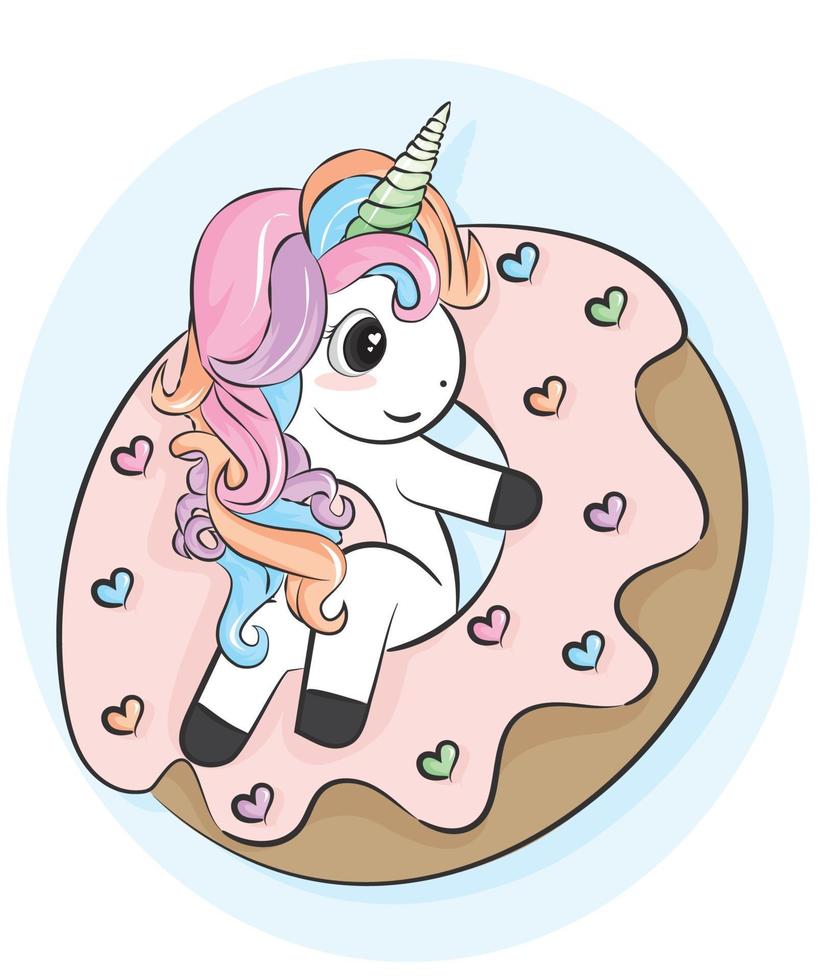 illustrator of Unicorn cartoon with donut vector