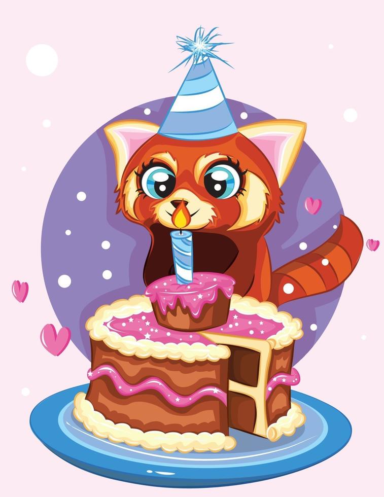 mapache de dibujos animados lindo con pastel de chocolate. Ilustración vectorial de un animal con un pastel de cumpleaños vector