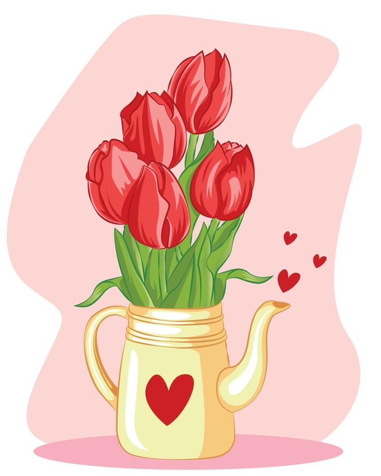 Tulip flowers in teapot illustration vector