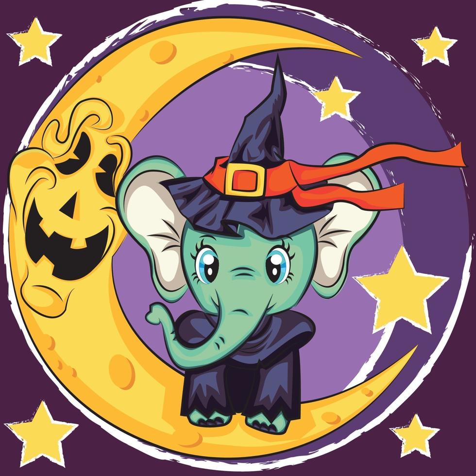 Halloween greeting card with cute elephant. Cartoon style. Vector illustration