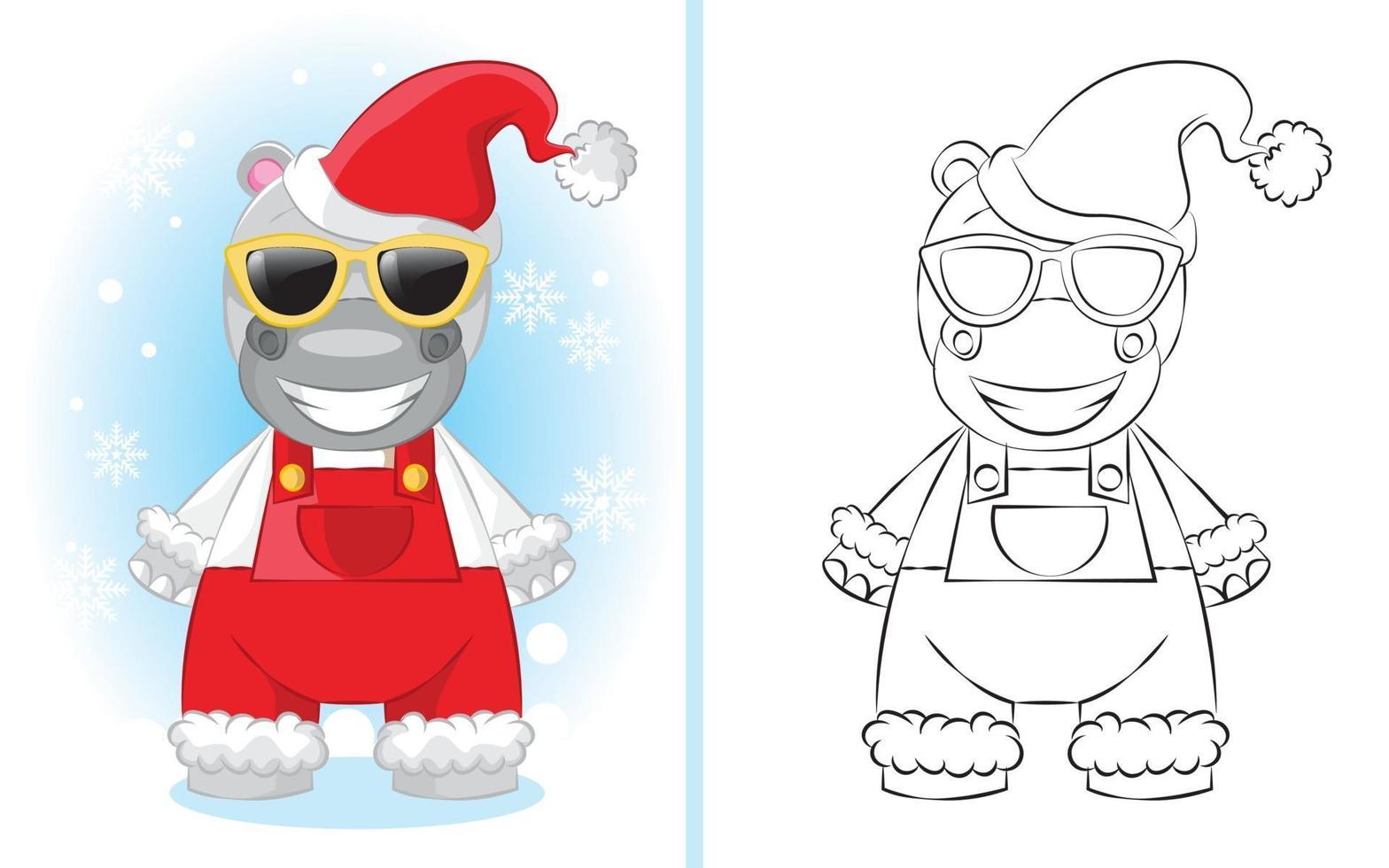 Cute cartoon hippo boy in red overalls with a santa hat. illustration for children coloring book. vector
