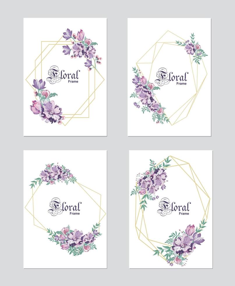 invitación floral de boda, invitar, guardar la plantilla de fecha. Vector elegante diseño de tarjeta botánica con plantas púrpuras, linda flor de cera hojas de helecho del bosque verde con marco geométrico dorado