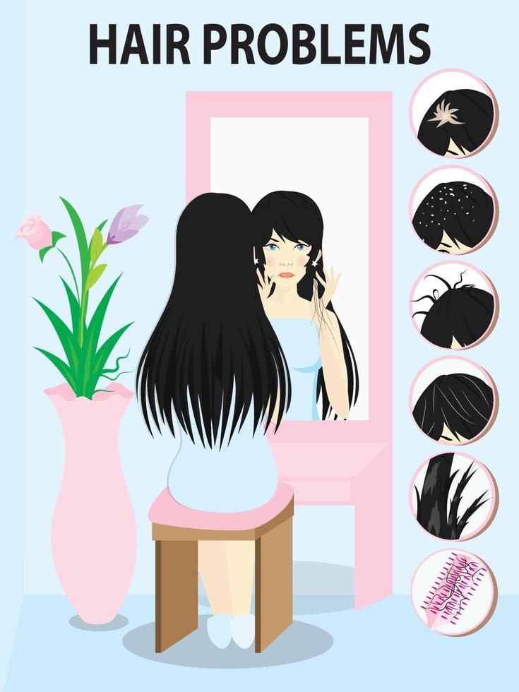 6 Common Hair Problems with. woman looking at the mirror with the trouble on her hair. vector