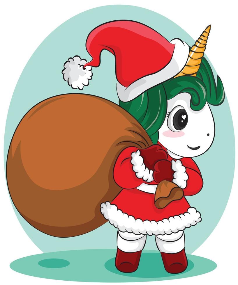 Winter card with cute unicorn Santa and gifts vector