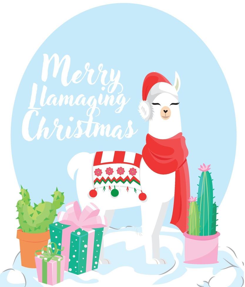 Happy holiday greeting card with cute white llama vector