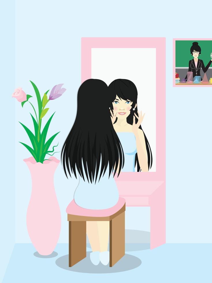 Beautiful woman looking at mirror flat vector illustration. Attractive woman preening her hair cartoon character.