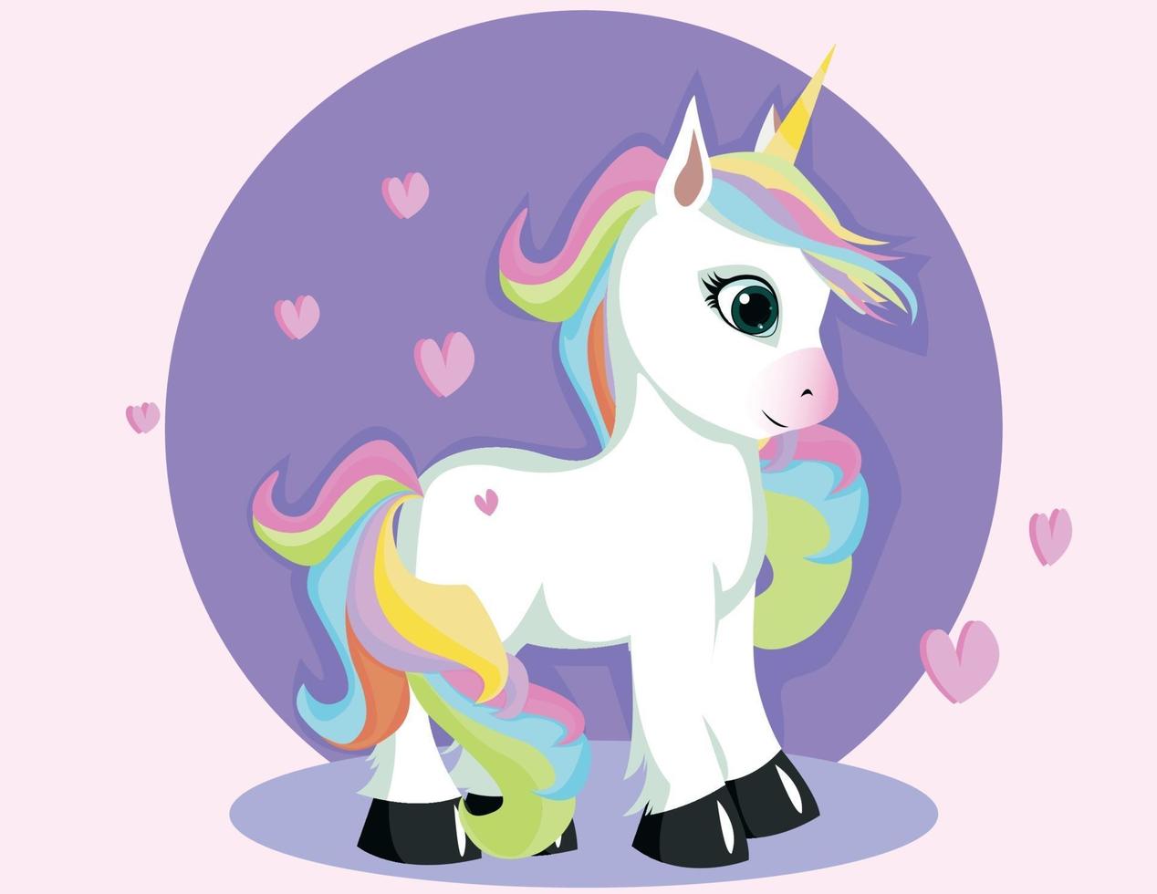 Cartoon white unicorn standing on purple background vector