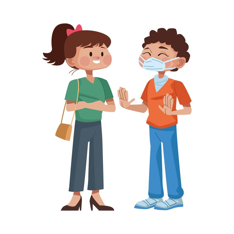 young couple using medical masks characters vector