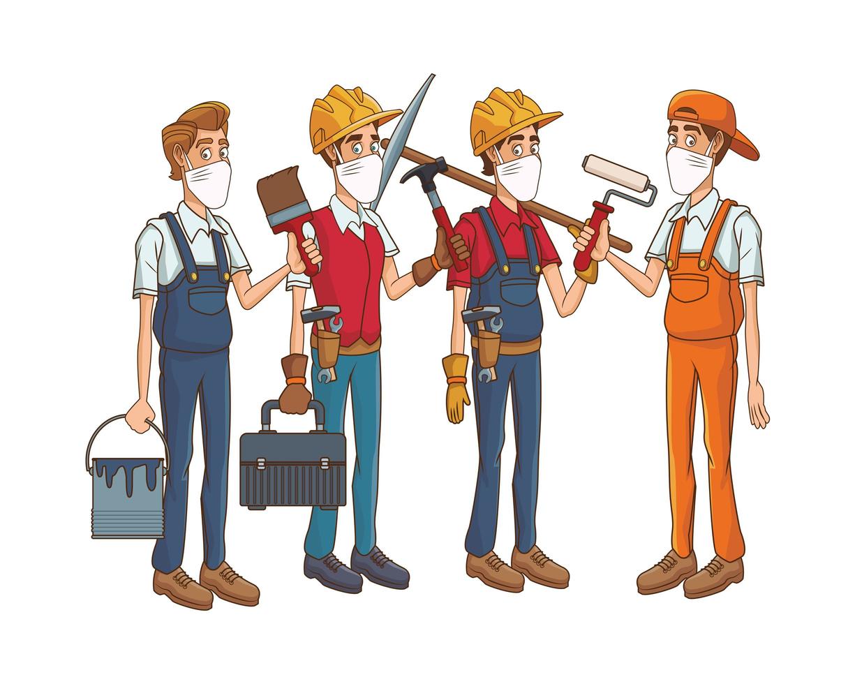 construction workers using medical masks and tools vector