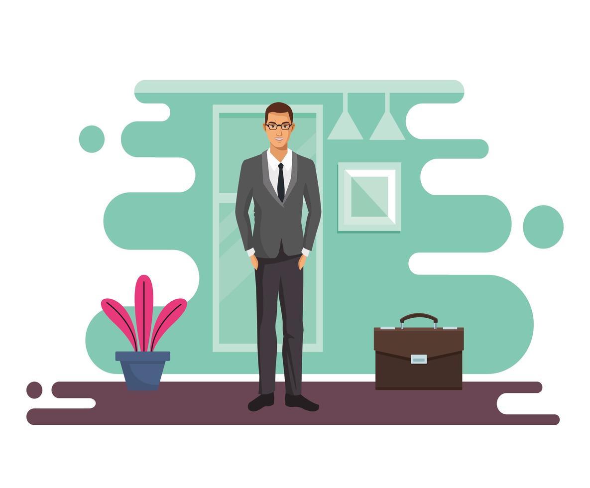 elegante, hombre de negocios, con, cartera, en, lugar de trabajo vector