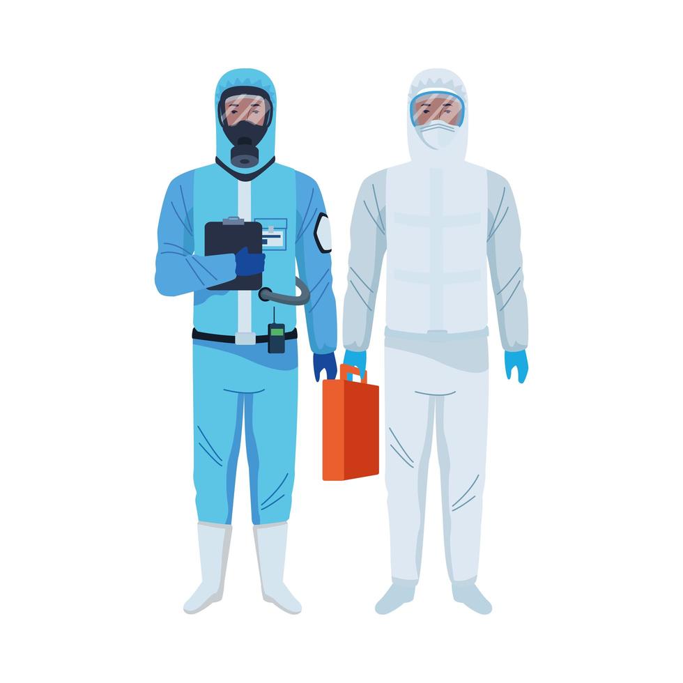 trabajadores con trajes de bioseguridad personajes vector