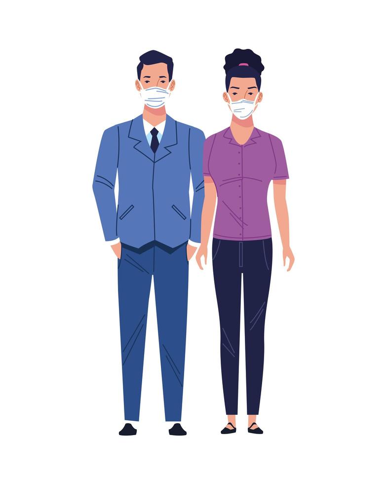 business couple using medical masks characters vector