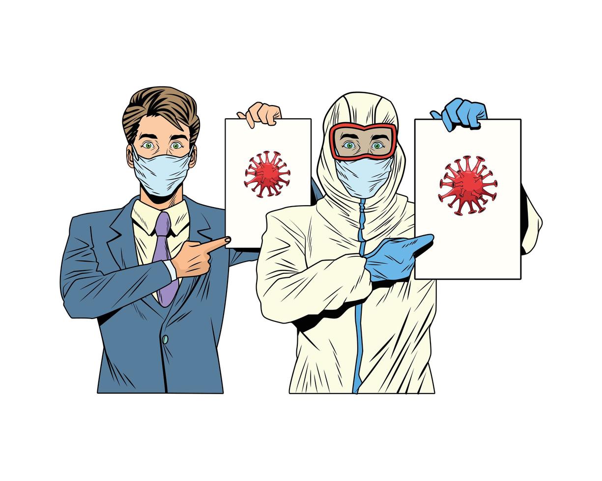 businessman and man with biosafety suit lifting covid19 label vector