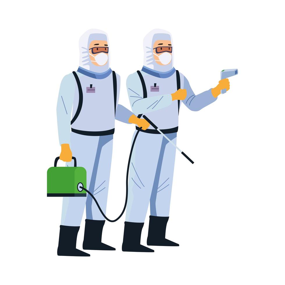 biosafety workers with sprayer and thermometer vector