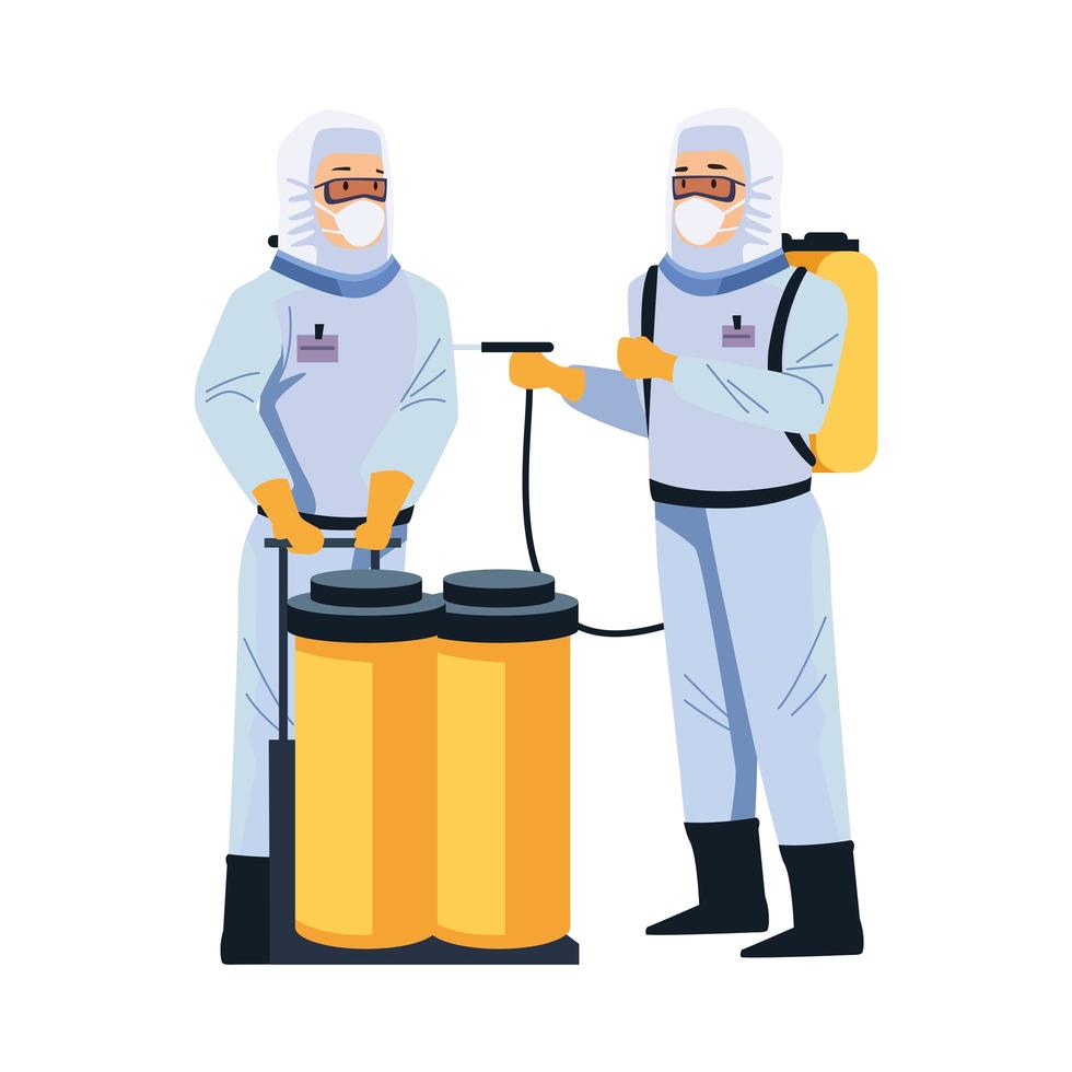 biosafety workers with portable sprayer and tanks vector