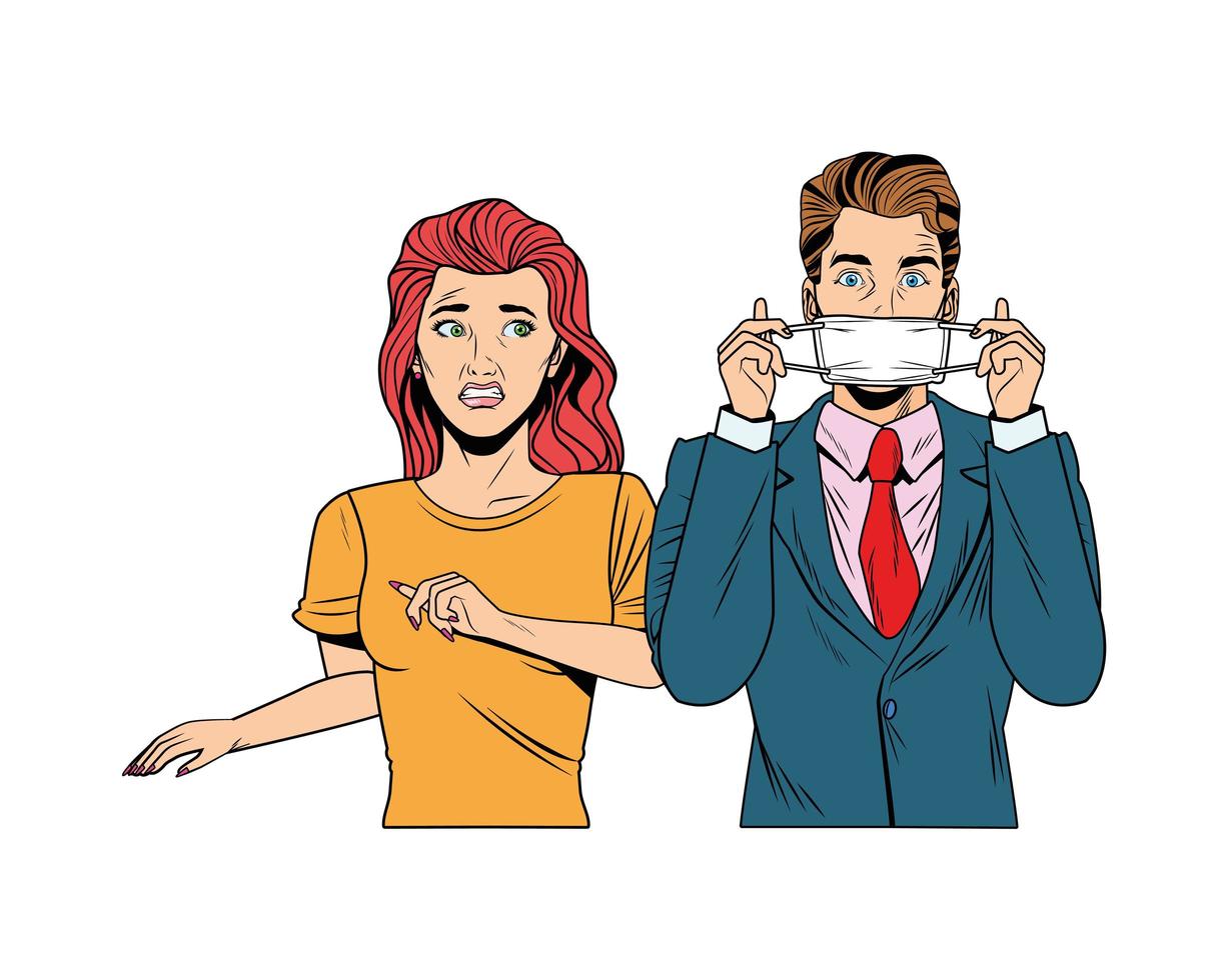 businessman and woman using face mask pop art style vector