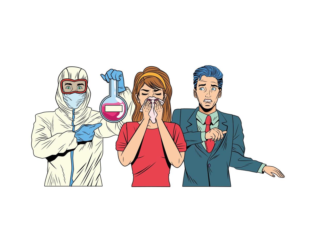 couple and man with biosafety suit lifting tube test vector