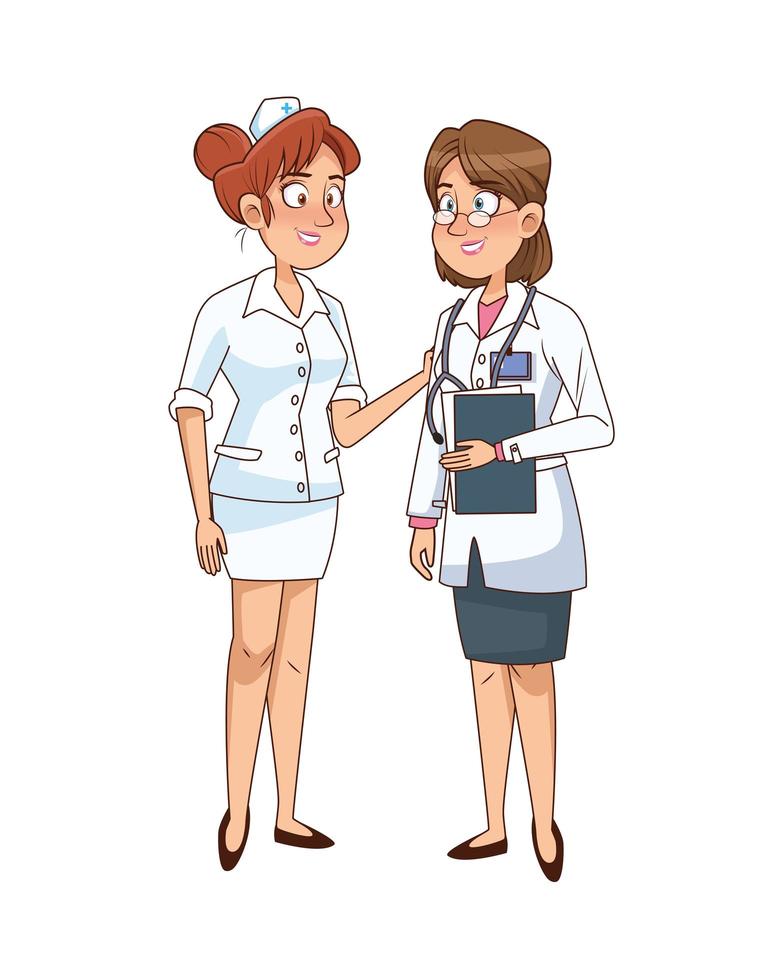 personajes profesionales de doctora y enfermera vector