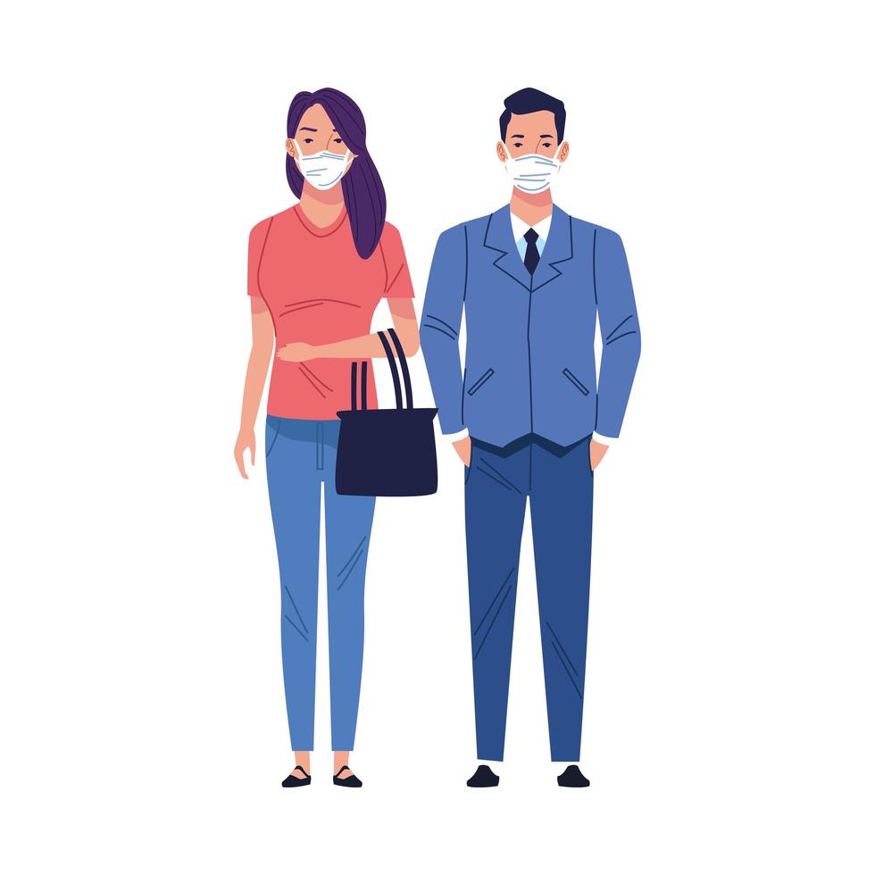 business couple using medical masks characters vector