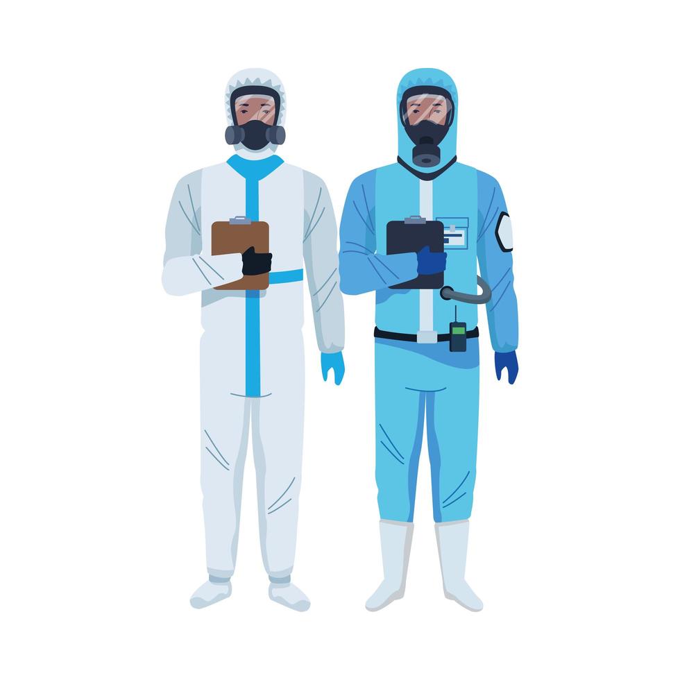 trabajadores con trajes de bioseguridad personajes vector