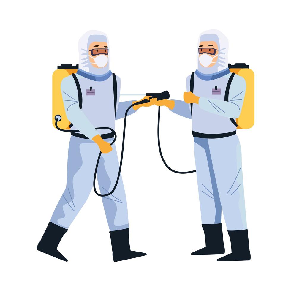 biosafety workers with portable sprayers vector