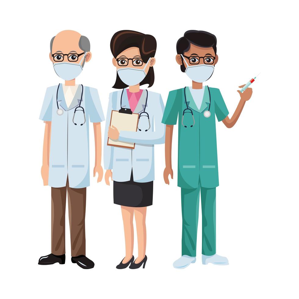 group of doctors using medical masks with vaccine vector